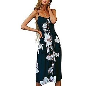 NWT Summer Floral Bohemian Spaghetti Strap Button Down Swing Midi Dress